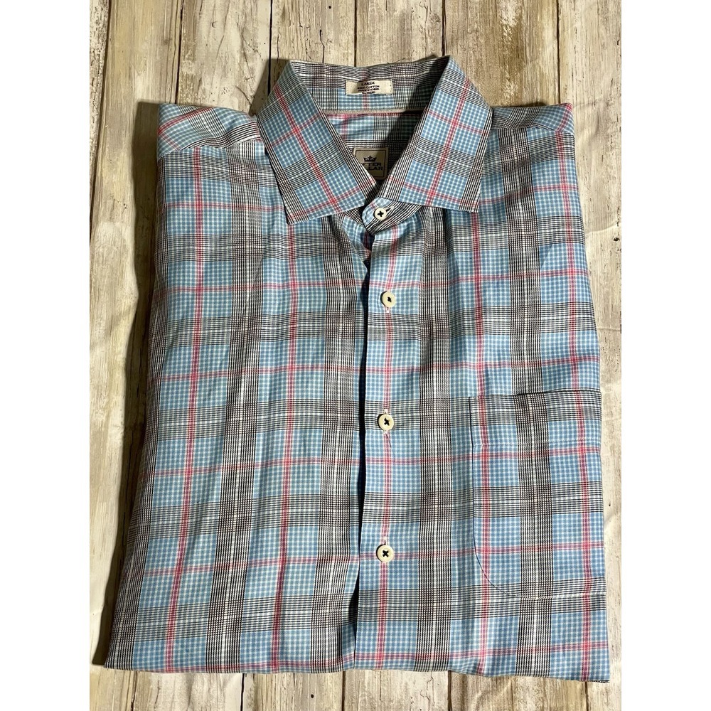 Peter Millar Men's Long Sleeve 100% Cotton Button Up Shirt.  Blue‎  Plaid Large